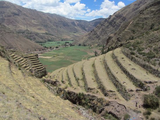 Climbing up the terraces of Pisac, Peru