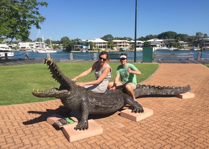 Sitting on fake crocodile in Darwin