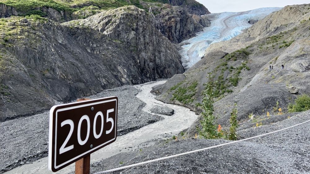 Signmarker from 2005 shows how far Exit Glacier has retreated since then.