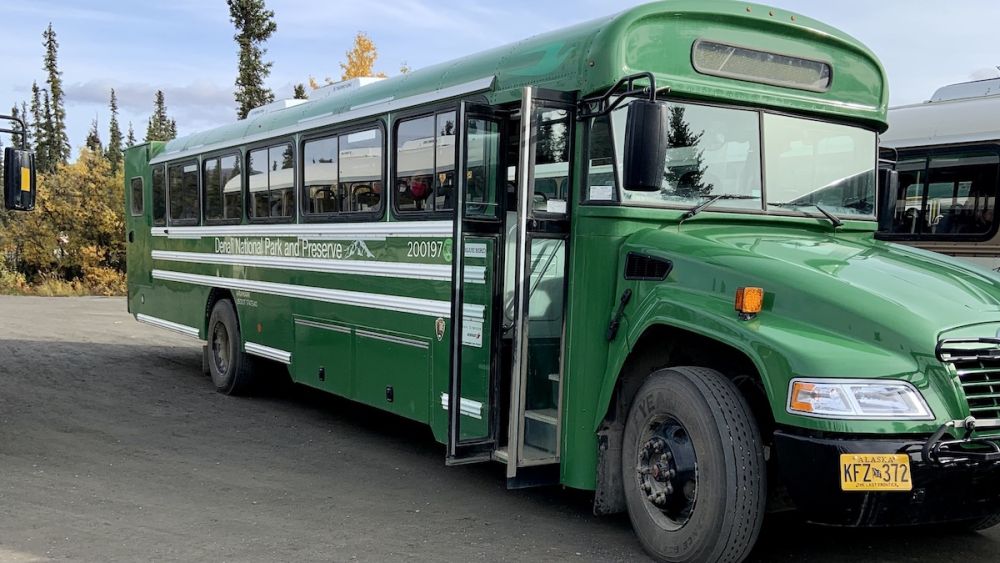 A traditional yellow school bus has been painted green. It says Denali National Park and Preserve on the side and has a yellow Alaska license plate on the front.
