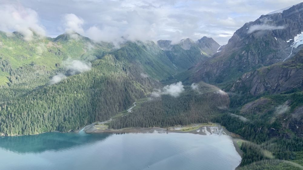 A view from above of lush green mountains running into blue glacial waters in Resurrection Bay