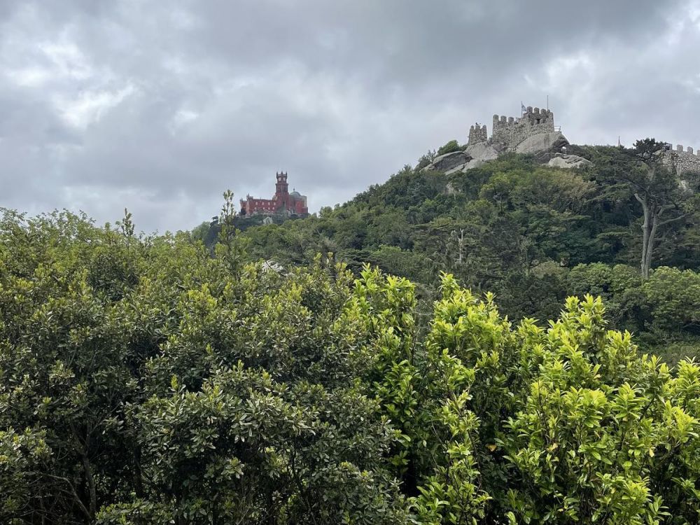 forested hills with the red castle of Pena Palace in the back on the left side, and the turreted walls of the Moorish Castle on the right.